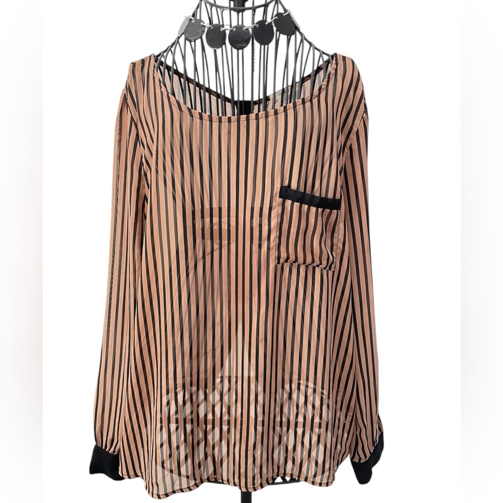 TIMING Striped Sheer Blouse with Pocket Size XL